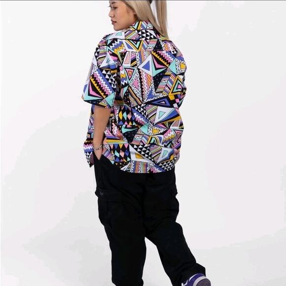 Super Massive unisex retro geometric print 80s 90s button down shirt Size L - Picture 2 of 8